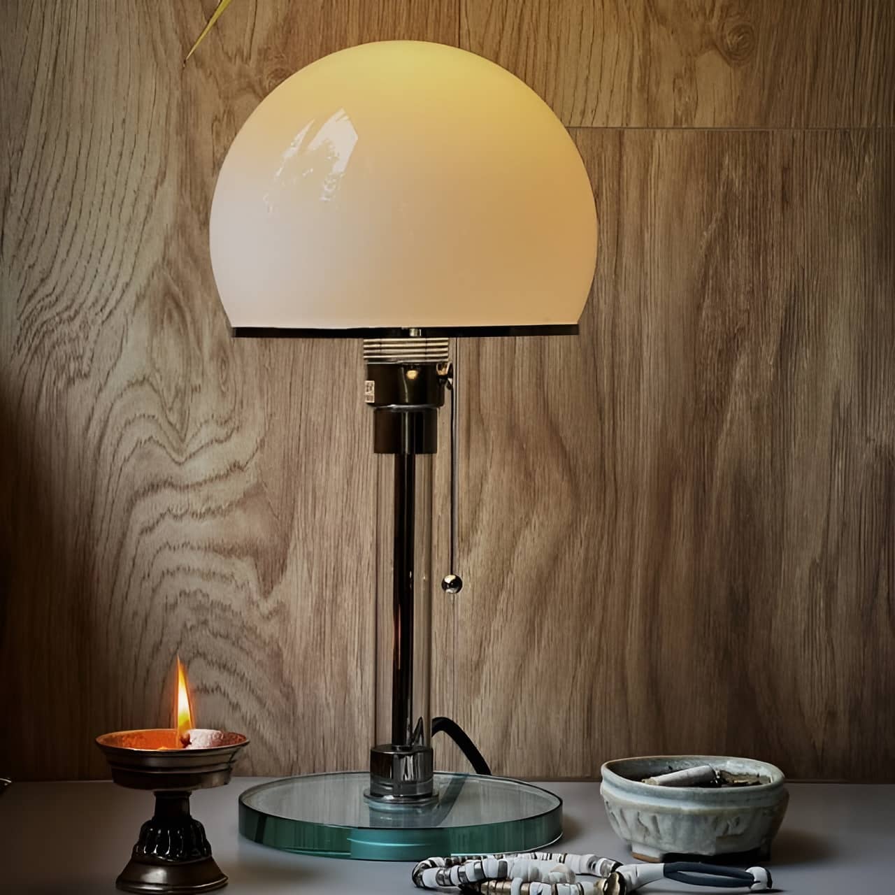 Bauhaus Industrial Hemispherical White Glass Table Lamp