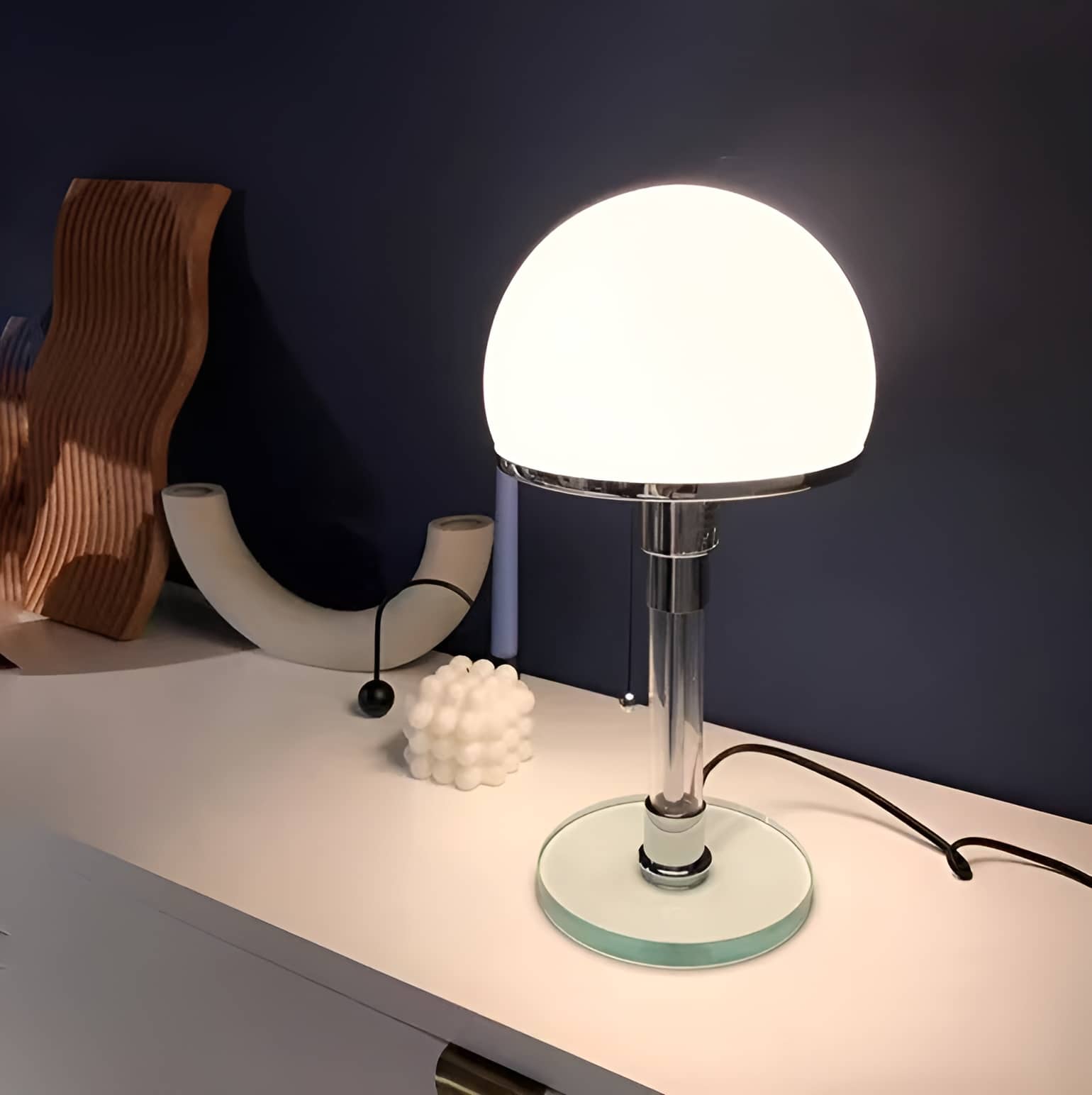 Bauhaus Industrial Hemispherical White Glass Table Lamp