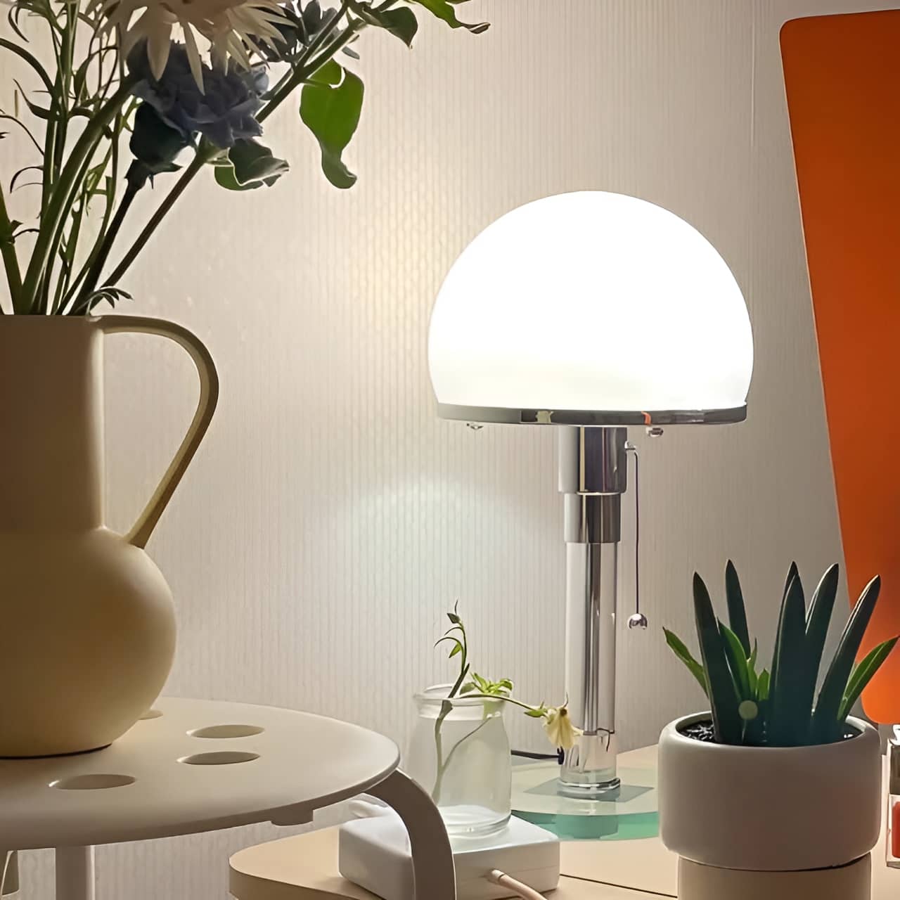 Bauhaus Industrial Hemispherical White Glass Table Lamp