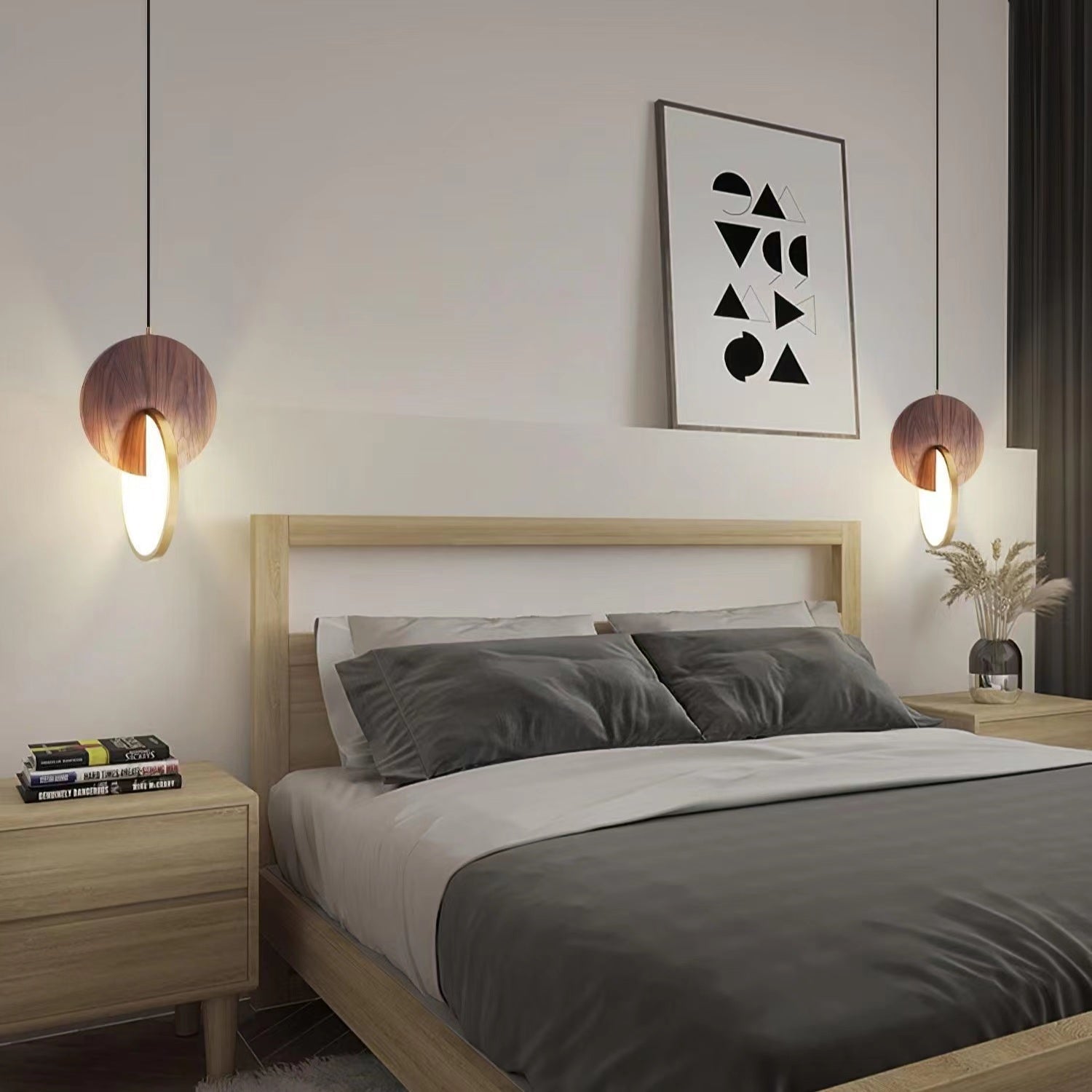 Modern Double Disk Wooden Pendant Light