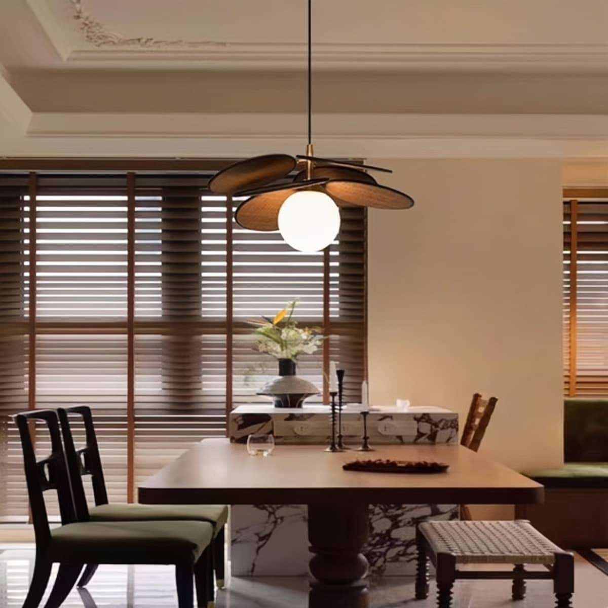 Rattan Petal Rustic Pendant Light over Dining Table