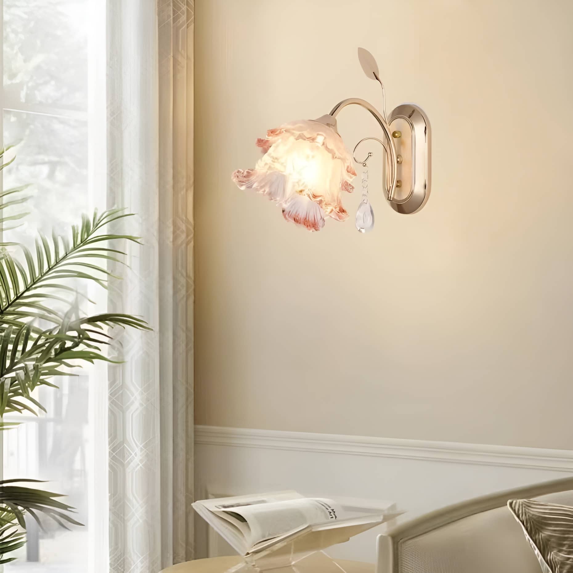 Romantic Glass Pink Rose Wall Sconce