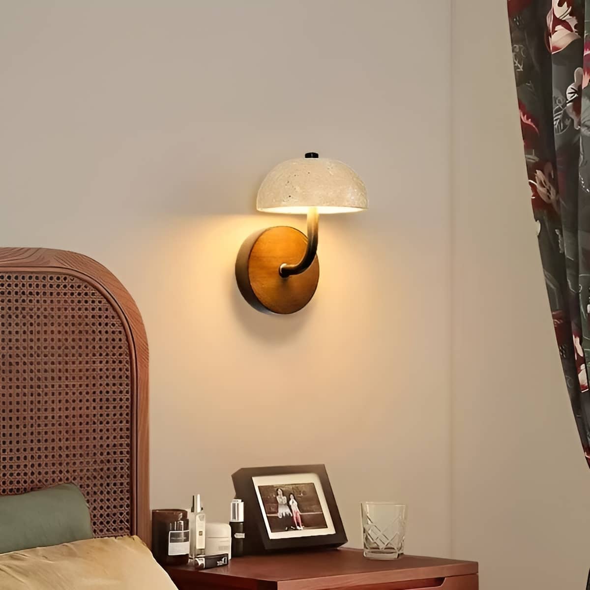Rustic Yellow Stone and Wood LED Wall Light for Bedroom