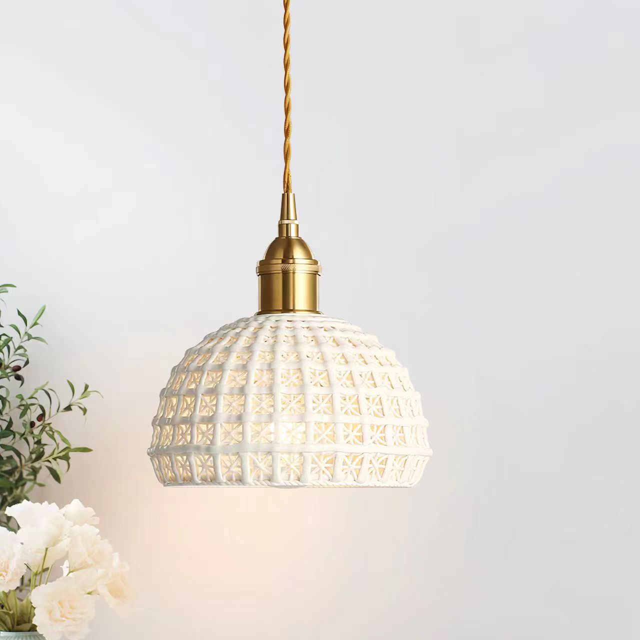 Vintage Ceramic Cream Hollow Pendant Light