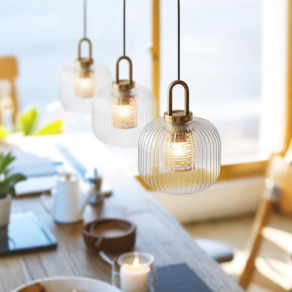 Vintage Ribbed Clear Glass Pendant Light