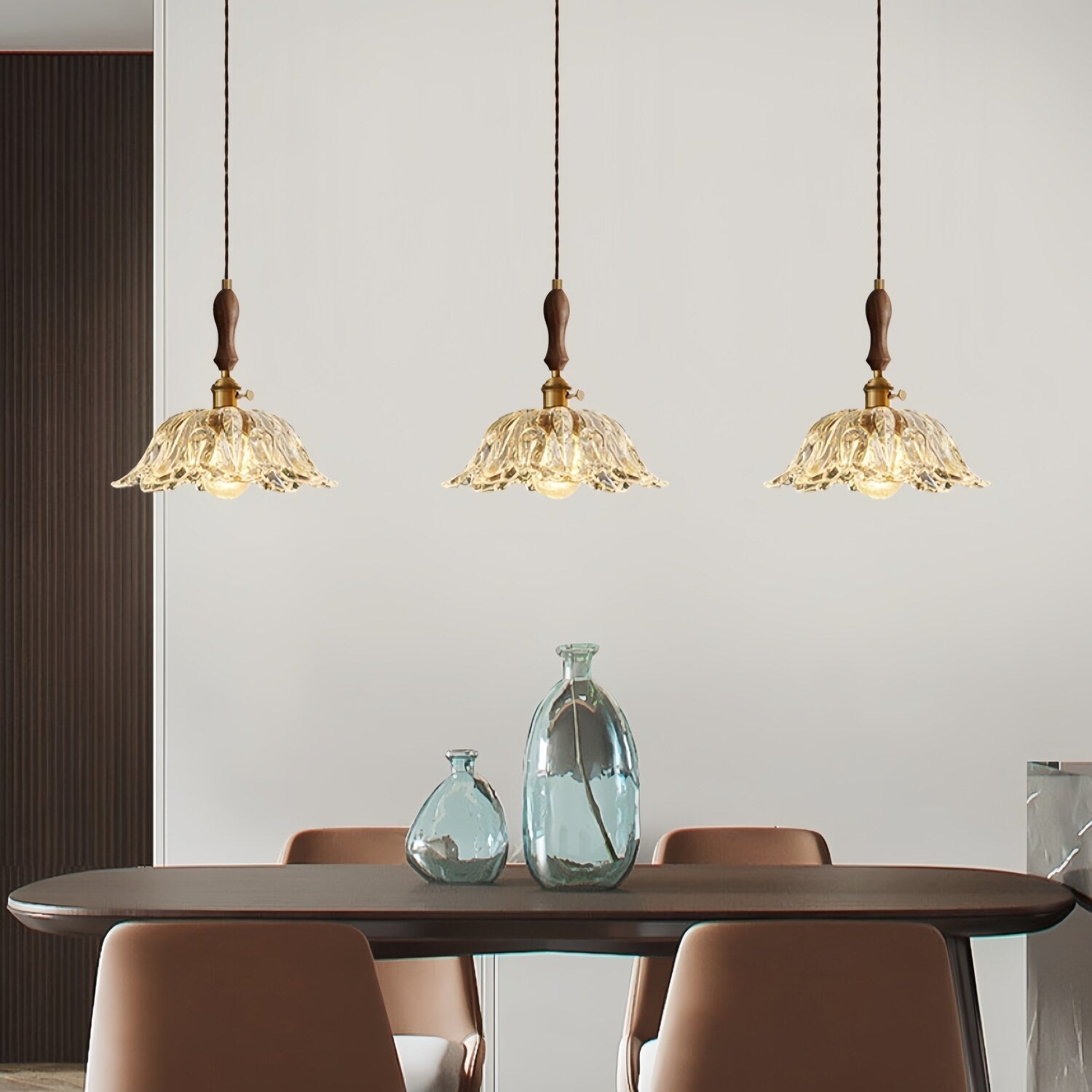 Walnut Wooden Flower Glass Pendant Light