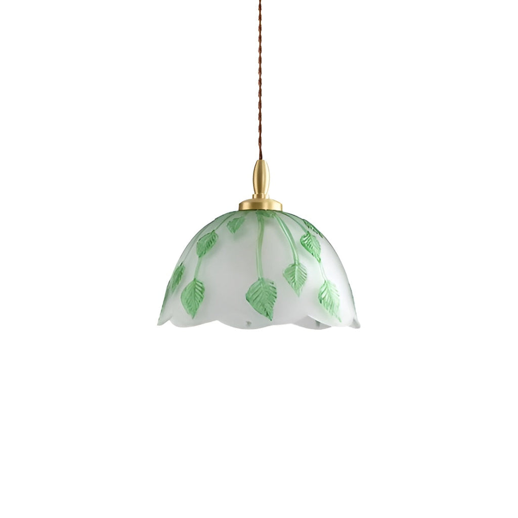 Art Nouveau Frosted Glass Pendant Light With Green Leaf Pattern
