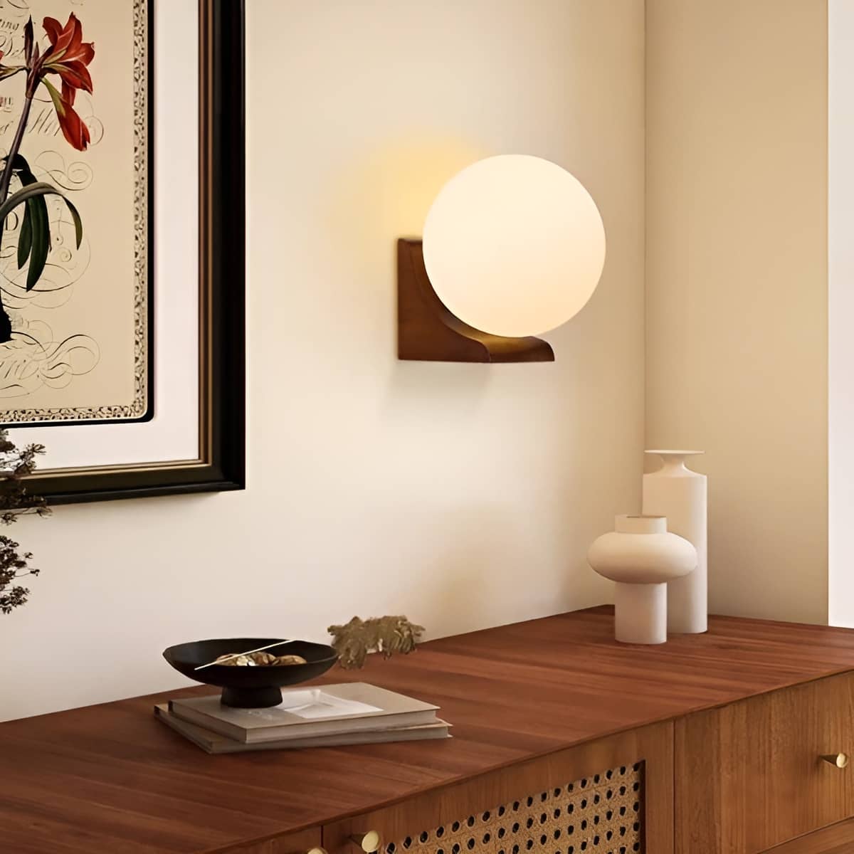 Minimalist Bracket Wood Wall Sconce with Globe Shade