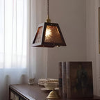 Trapezoid Vintage Glass Pendant Light With Wood Frame