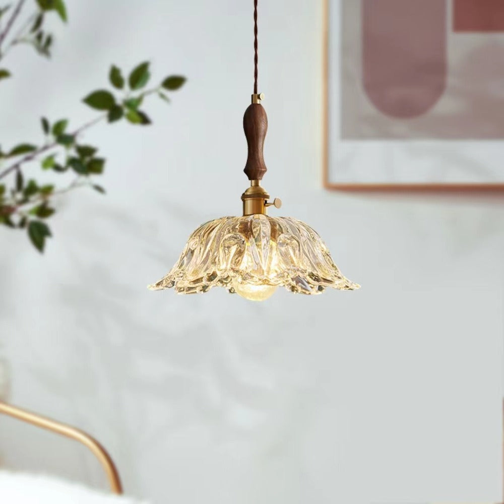 Walnut Wooden Flower Glass Pendant Light