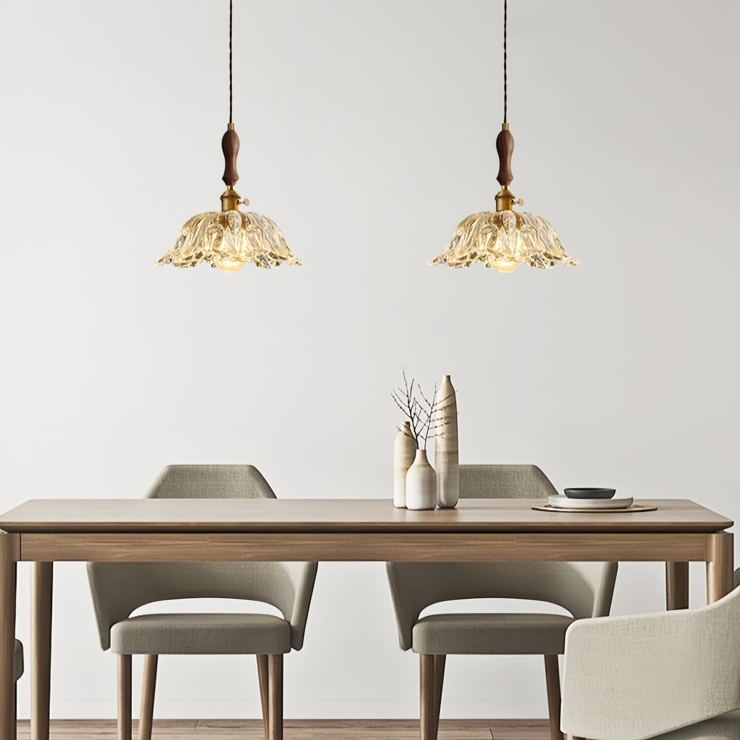 Walnut Wooden Flower Glass Pendant Light